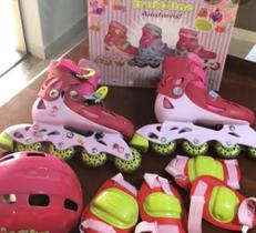Patins ajustável com kit de proteção pink com rosa bebê- tamanho 30 ao 33- fruit line