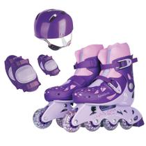 Patins ajustavel roxo com kit protecao tam 30 ao 33