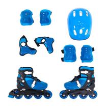 Patins Azul Ajustável 33 a 36 Kit de Proteção Completo