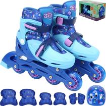 Patins do Stitch Disney Original Triline 4 Rodas de Gel Menino Tam 32 ao 35 + Kit Proteção completo