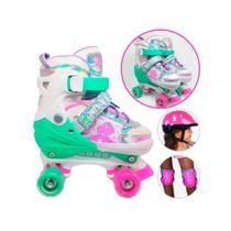 Patins Feminino Roller 4 Rodas Com Kit Proteção Completo Tamanho Ajustável 32 ao 35 - Unitoys