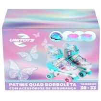 Patins Feminino Roller Infantil Azul Borboleta KIT Proteção Unitoys TAM 30-33 Patins Feminino Roller Infantil Azul Borboleta KIT Proteção Unitoys TAM 30-33