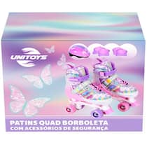 Patins Feminino Roller Infantil Rosa Borboleta KIT Proteção Unitoys TAM 34-37 Patins Feminino Roller Infantil Rosa Borboleta KIT Proteção Unitoys TAM 34-37