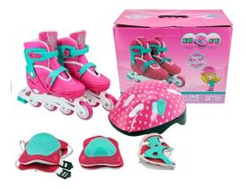 Patins In-Line Ajustável Rosa Unitoys 1439 + Kit Proteção