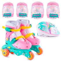 Patins Infantil 2 em 1 Inline Triline Unicórnio Meninas Com Kit Proteção Capacete Joelheira