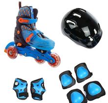 Patins Infantil 4 Rodas AJUSTÁVEL com Kit de Proteção 32-35 AZUL Brink com Capacete Joelheiras e Cotoveleiras