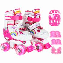 Patins Infantil 4 Rodas Ajustável Rodinha Led Arco Iris Kit Proteção Cores