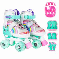 Patins Infantil 4 Rodas Ajustável Rodinha Led Arco Iris Kit Proteção Rosa com verde