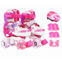 Patins Infantil 4 Rodas Ajustável Rodinha Led Sereia + Kit Proteção TAMANHO:ROSA - M Patins Infantil 4 Rodas Ajustável Rodinha Led Sereia + Kit Proteção TAMANHO:ROSA - M