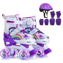 Patins Infantil 4 Rodas ARCO IRIS Com Led Com Kit Proteção Menina Menino - chicvida