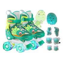 Patins Infantil 4 Rodas Verde Com Luz De Led + Protecao Patins Criança Menina Menino