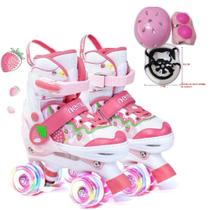 Patins Infantil 4 Rodas Verde Com Luz De Led + Protecao Patins Criança Menina Menino
