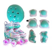 Patins Infantil 4 Rodas Verde Com Luz De Led + Protecao Patins Criança Menina Menino