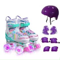 Patins Infantil 4 Rodas Verde Com Luz De Led + Protecao Patins Criança Menina Menino