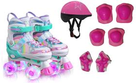 Patins Infantil Arco Íris Quad Com Regulagem e Kit Proteção - Importway