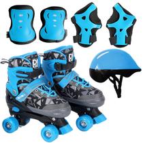 Patins Infantil Azul C/ Acessórios Proteção Roller Ajustável Até 80kg