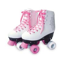 Patins Infantil Clássico Branco E Rosa Com 4 Rodas 31/32 Fun