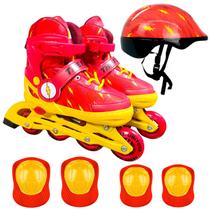 Patins Infantil Com Acessórios Flash Kit Proteção Menino Vermelho Ajustável 4 Rodas Até 60kg