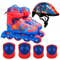 Patins Infantil Com Acessórios Superman Ajustável 30-33 Até 60kg Kit Proteção Menino Azul 4 Rodas