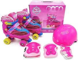 Patins Infantil Com Kit Proteção Menina Rosa Tam 34-37