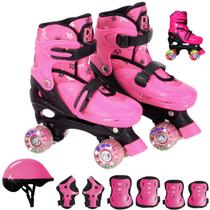 Patins Infantil com LED nas 4 Rodas Quad Roller Feminino Menina Rosa C/ Proteção Tam Ajustável 34-37