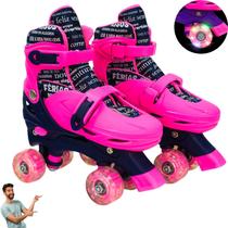Patins Infantil Feminino 4 Rodas de Gel com LED Menina Rosa Azul Quad Roller Tam. Ajustável 35 ao 38