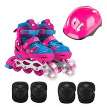 Patins Infantil Feminino Travessos 4 Rodas Esporte com LED e Acessórios Tamanho 31 ao 34