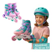 Patins Infantil Inline Rosa Claro 30-33 + Kit De Proteção