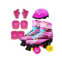 Patins infantil juvenil meninas 4 rodas roller classico rosa com kit protecao tamanho 38/39