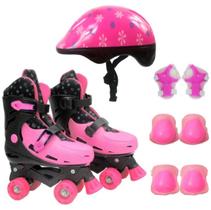 Patins Infantil Menina Rosa Lançamento 4 Rodas Ajustável + Kit Proteção