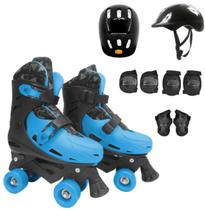 Patins Infantil Menino Azul Lançamento 4 Rodas Ajustável + Kit Proteção