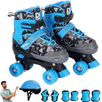 Patins Infantil Menino Masculino Azul e Preto Quad Roller C/ Proteção Tam. Ajustável do 38 ao 41 - BBRTOYS