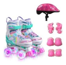 Patins Infantil Quad Ajustável + Kit Proteção Rodas Em Led