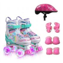 Patins infantil Quad Arco Íris Ajuste de tamanho rodas com LED brilhante + KIT PROTEÇÃO Patins infantil Quad Arco Íris Ajuste de tamanho rodas com LED brilhante + KIT PROTEÇÃO