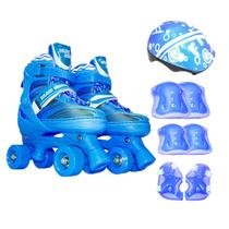 Patins Infantil Roller 4 Rodas Capacete Proteção Ajustável Tamanho: M - Azul