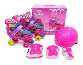 Patins Infantil Roller 4 Rodas Rosa com Kit de Proteção Capacete Joelheira Cotoveleira e Luva - 34 ao 37
