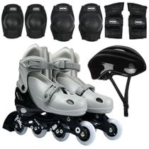 Patins Infantil Roller Regulavel 34/37 com Joelheiras, Cotoveleiras, Capacete Cinza Mor