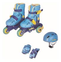 Patins Infantil Tri-line 26 29 Ajustável Com Kit De Segurança Azul Fenix