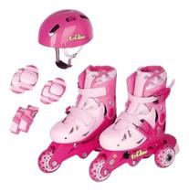 Patins Infantil Tri-line 30-33 Ajustável Com Kit De Segurança Rosa Fenix
