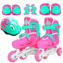 Patins Infantil Triline Inline Com Kit Proteção 30-33 Rosa Meninas Até 60kg Unitoys