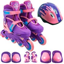 Patins Infantil Triline Inline Com Kit Proteção 30-33 Violeta Meninas Até 60kg Unitoys