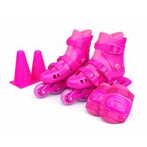 Patins Inline 4 Rodas Rosa Kit de Proteção e Cones Tam: 28 Patins Inline 4 Rodas Rosa Kit de Proteção e Cones Tam: 28
