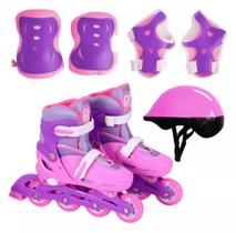 Patins inline com Kit de Proteção 30 Ao 33 Menina Rosa Ajustável Infantil DM Toys