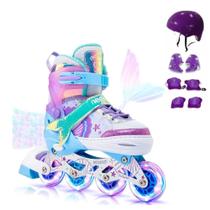 Patins Inline Infantil Roxo Sereia Com Protecao Roller De 4 Rodas Reto Com Led Barato