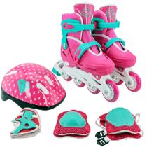 Patins Inline Infantil Tamanho Ajustável Rosa + Kit Proteção