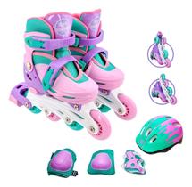 Patins Inline Roller Infantil Feminino Ajustavel 30-33 Kit Proteção