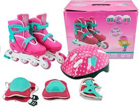 Patins Inline Rosa com Kit de Proteção Tamanho P Ajustável 30 ao 33 Patins Inline Rosa com Kit de Proteção Tamanho P Ajustável 30 ao 33