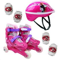 Patins + Kit de Proteção Infantil Feminino Minnie Rosa Inline Ajustável Tam 31-34 Suporta Até 100kg - Multikids