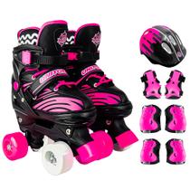 Patins Kit Roller Quad 4 Rodas Preto E Pink Com Acessórios Proteção - Unitoys