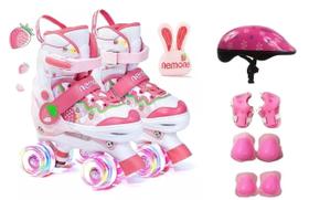 Patins Quad Ajustável Morango Rodinhas Led+ Kit Proteção